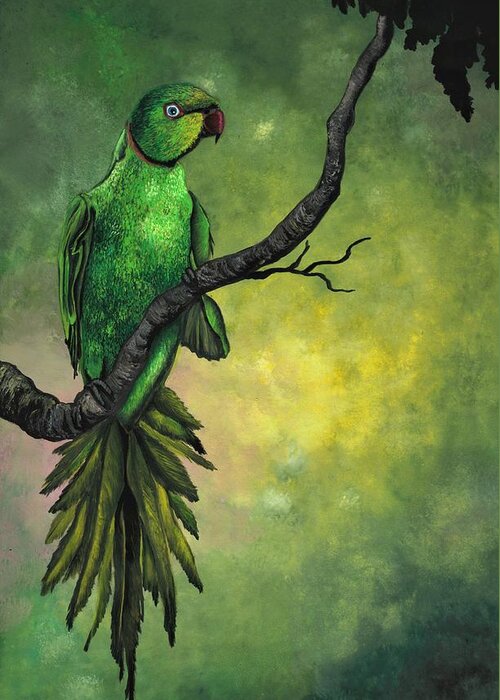 Bird Greeting Card featuring the painting Green ring -necked parrot by Tara Krishna