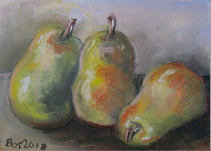 Fruit Greeting Card featuring the pastel Green Pastel Pears by Barbara O'Toole