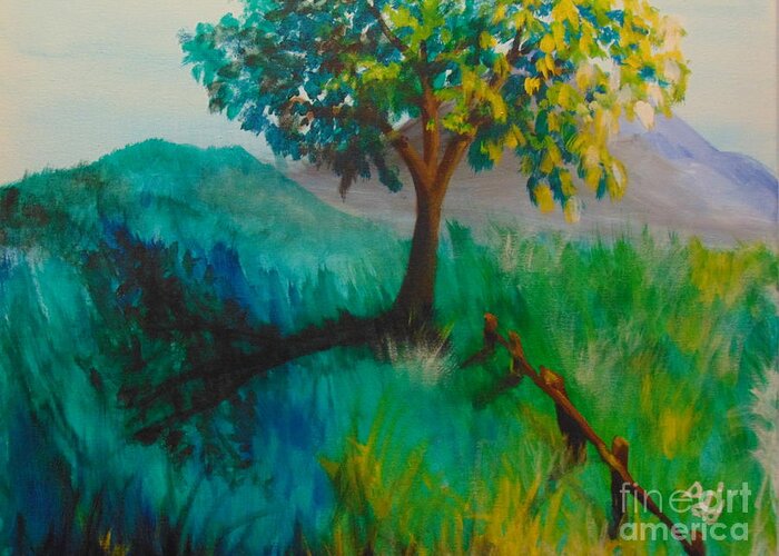 Green Greeting Card featuring the painting Green Pastures by Saundra Johnson