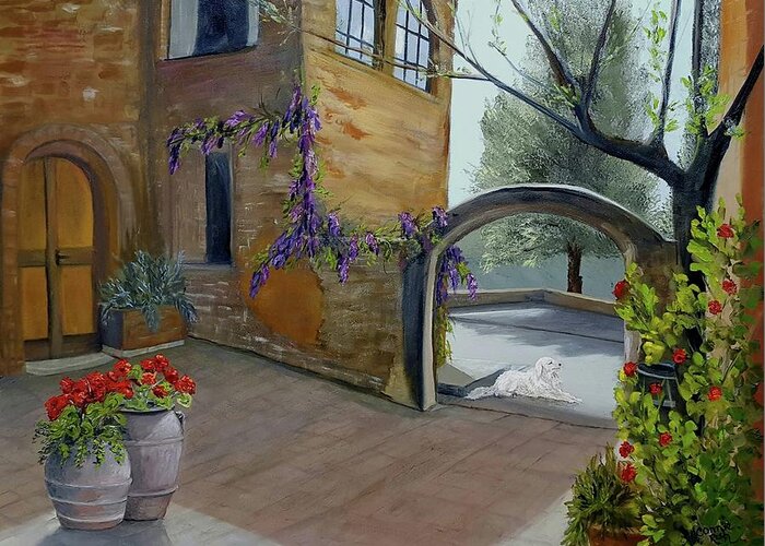 Italian Courtyard Greeting Card featuring the painting Guardian of the Courtyard by Connie Rish