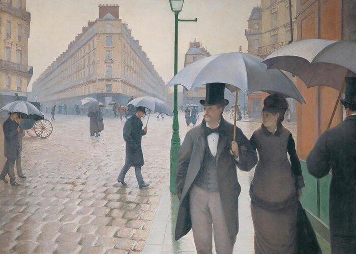 Gustave Caillebotte Greeting Card featuring the painting Gustave Caillebotte Rue de Paris, temps de pluie - Paris Street in Rainy Weather, 1877. by Gustave Caillebotte
