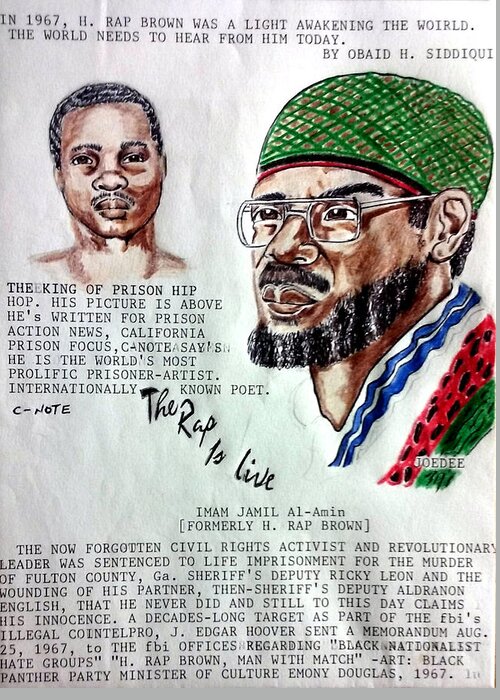 Black Art Greeting Card featuring the drawing H. Rap Brown featuring C-Note by Joedee
