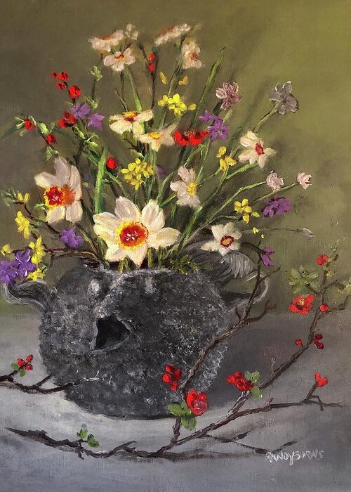 Pufferfish Greeting Card featuring the painting Handbuilt Pufferfish Teapot With Spring Flowers by Rand Burns