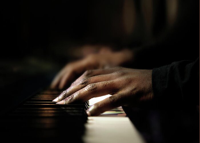 Pianist Greeting Card featuring the photograph Hands playing piano close-up by Johan Swanepoel
