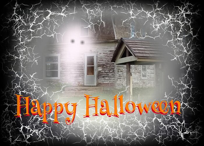 Haunted House Greeting Card featuring the digital art Haunted House Happy Halloween Card by Delynn Addams