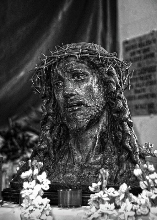 Catholic Greeting Card featuring the photograph Head of Christ crowned with thorns in a Taormina Church BW by RicardMN Photography