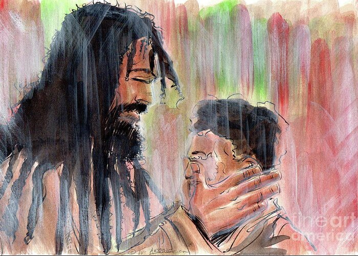 Jesus Greeting Card featuring the mixed media Healing the Blind by Tu-Kwon Thomas