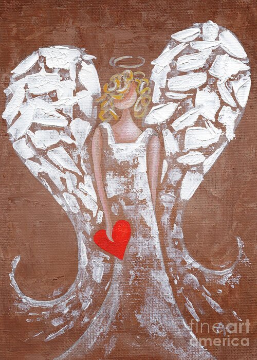Angel Greeting Card featuring the painting Heard on High Angel - brown heart by Annie Troe