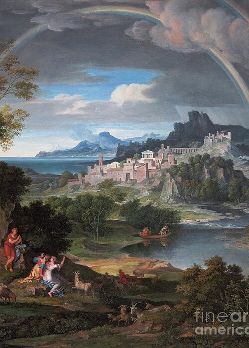 Rainbow Greeting Card featuring the painting Heroic landscape with rainbow, 1806 by Joseph Anton Koch