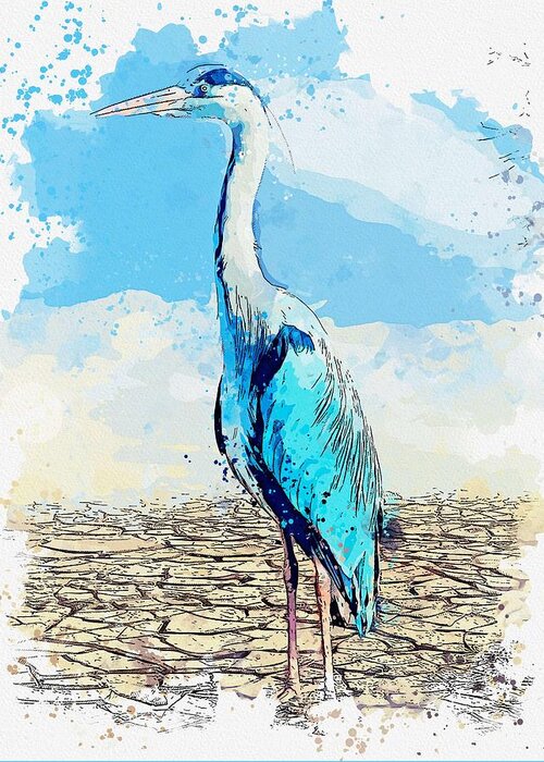 Bird Greeting Card featuring the painting Heron Landscape Nature watercolor by Ahmet Asar by Celestial Images