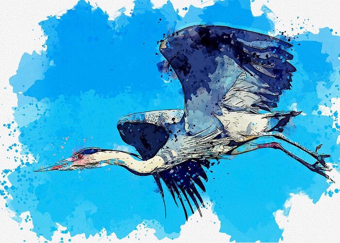Bird Greeting Card featuring the painting Heron Wading Bird watercolor by Ahmet Asar by Celestial Images
