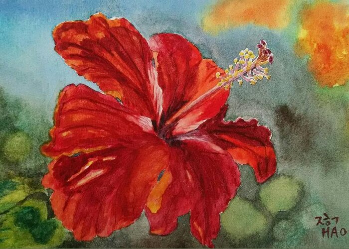 Hibiscus Greeting Card featuring the painting Red Hibiscus by Helian Cornwell