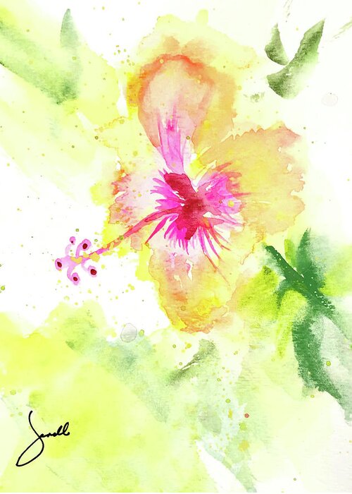 Hibiscus Greeting Card featuring the mixed media Hibiscus by Janelle Nichol
