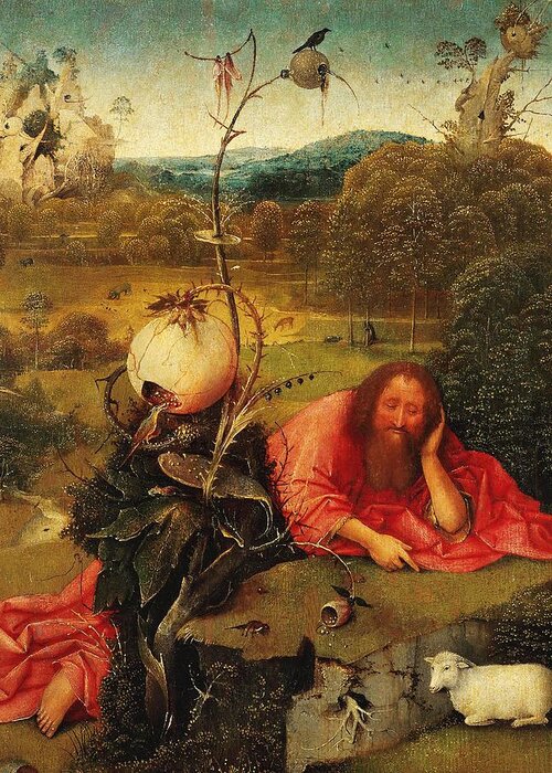 Hieronymus Bosch Greeting Card featuring the painting Hieronymus Bosch / 'Saint John the Baptist in the Wilderness', c. 1489, Oil on panel, 48.5 x 40 cm. by Hieronymus Bosch -c 1450-1516-