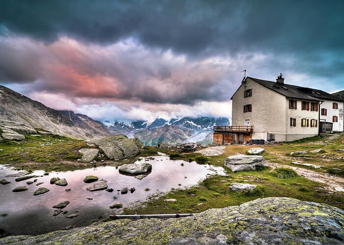 Scenics Greeting Card featuring the photograph High Mountain Shelter At Sunset by Scacciamosche