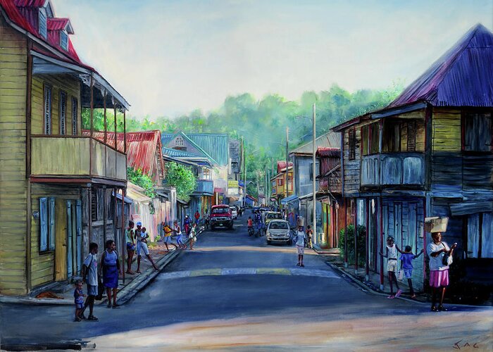 Caribbean Art Greeting Card featuring the painting High Street 2006 by Jonathan Gladding