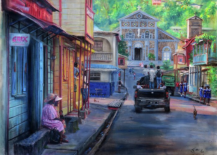 Caribbean Art Greeting Card featuring the painting High Street, Laborie, 4pm by Jonathan Gladding