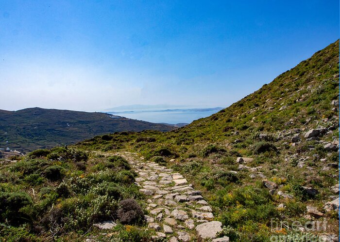 Hiking Trail Greeting Card featuring the photograph Hiking a rocky path on Island of Tinos in Greece by L Bosco