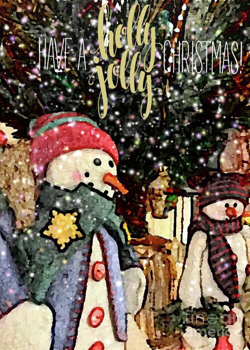 Christmas Greeting Card featuring the digital art Holly Jolly Snowman by Jackie MacNair