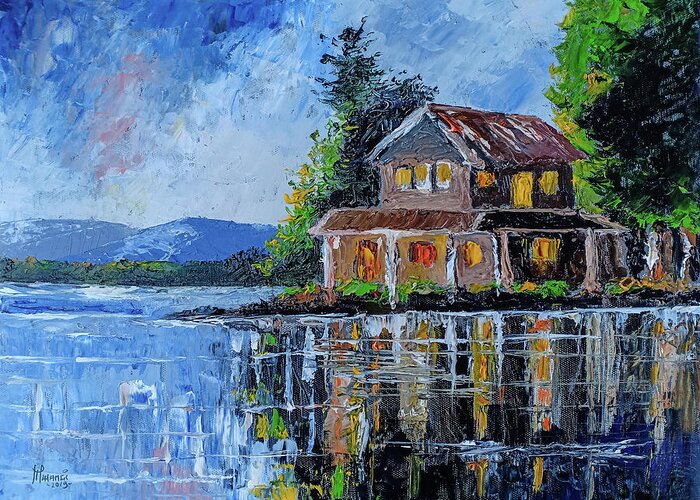 Palette Knife Greeting Card featuring the painting Home by the Lake by Anthony Mwangi