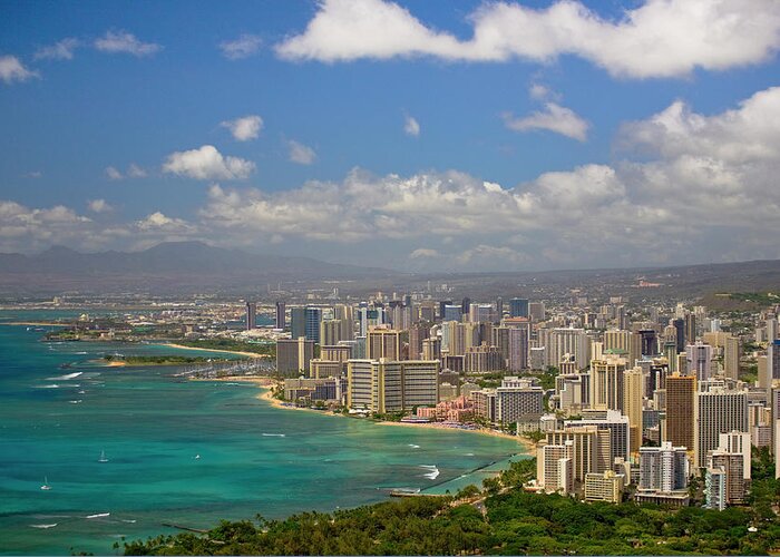 Honolulu Greeting Card featuring the photograph Honolulu Shore And Skyline, With by Merten Snijders