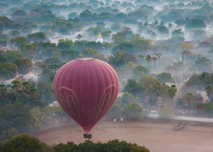 Tranquility Greeting Card featuring the photograph Hot-air Balloon, Bagan, Myanmar by Mint Images/ Art Wolfe