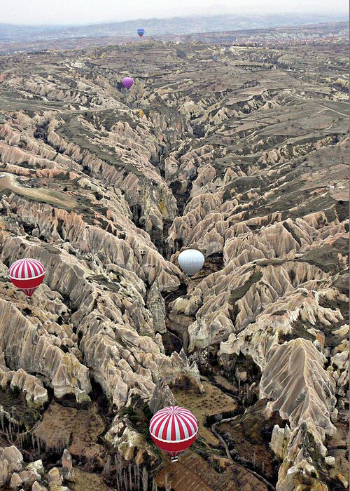 Dawn Greeting Card featuring the photograph Hot Air Balloons Over Fairy Chimneys In by Gregory T. Smith