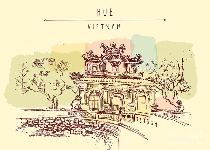 Facade Greeting Card featuring the digital art Hue Vietnam Imperial Citadel Gate by Babayuka