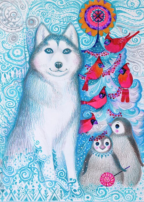 Husky And Penguins Greeting Card featuring the painting Husky And Penguins by Oxana Zaika