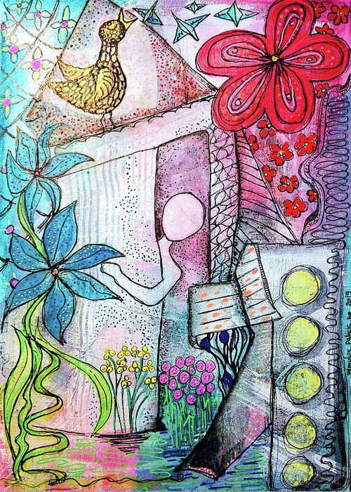 Spring Greeting Card featuring the mixed media I Opened the Curtain and there was Spring by Mimulux Patricia No