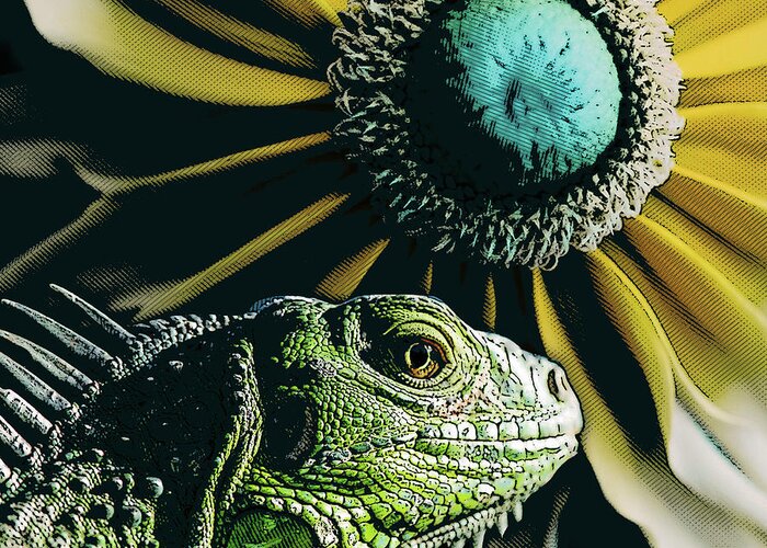 Plant Greeting Card featuring the digital art Iguana And Sunflower by Phil Perkins