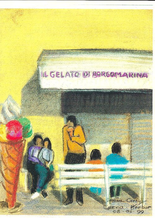 Yellow Greeting Card featuring the painting Il Gelato de Borgo Marina by Suzanne Giuriati Cerny