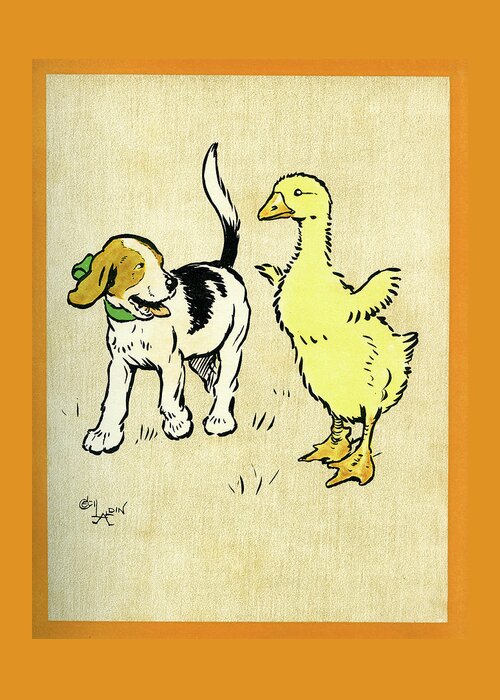 Puppy Greeting Card featuring the mixed media Illustration of puppy and gosling by Cecil Aldin
