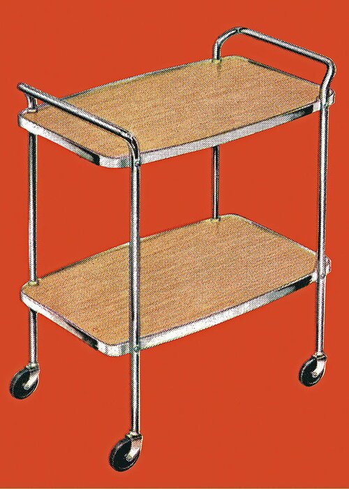 Brown Greeting Card featuring the drawing Illustration of serving cart against red background by CSA Images