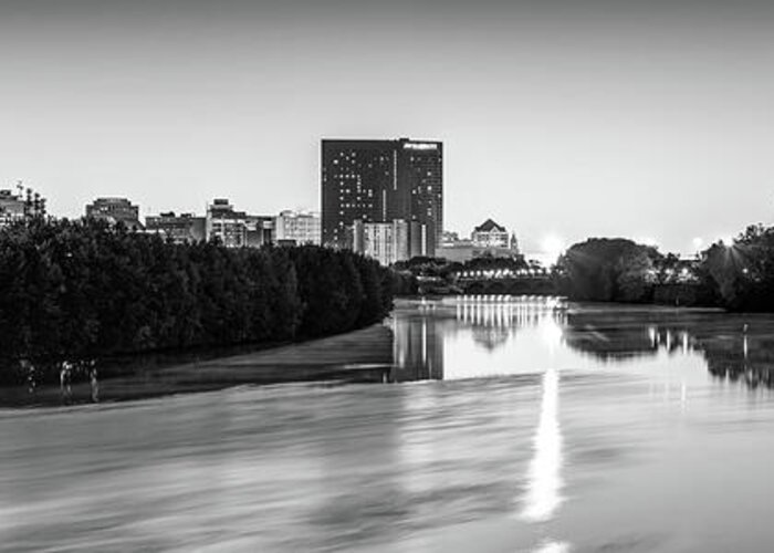 Indianapolis Skyline Greeting Card featuring the photograph Indianapolis Panoramic Skyline - White River Black and White by Gregory Ballos