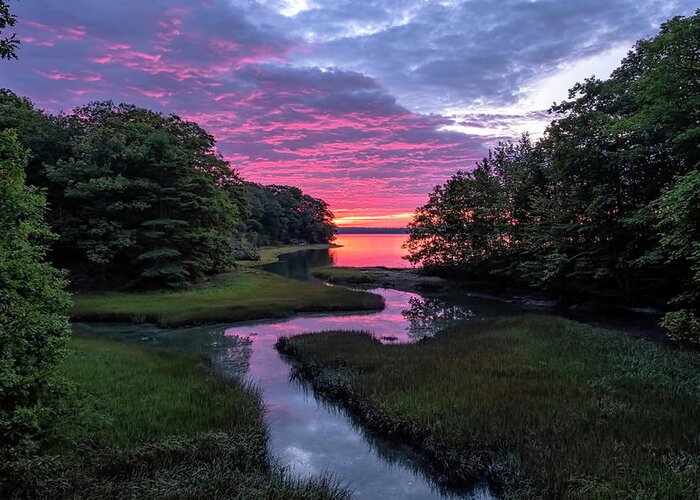 South Freeport Harbor Maine Greeting Card featuring the photograph Inlet Sunrise by Tom Singleton