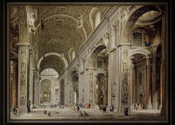 Interior Of St Peter's Basilica In Rome Greeting Card featuring the painting Interior of St Peter's Basilica in Rome c1750 by Giovanni Paolo Pannini by Rolando Burbon