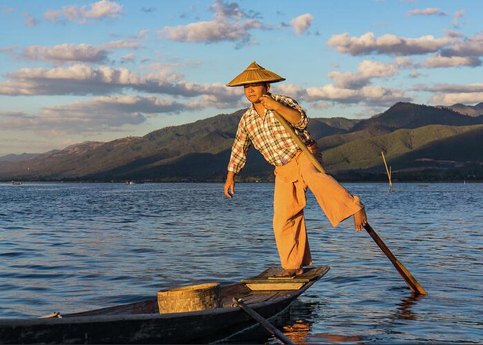 Fisherman Greeting Card featuring the photograph Intha fisherman on Lake Inle in Myanmar by Ann Moore