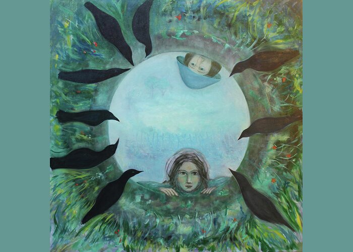 Girl Greeting Card featuring the painting Into the well by Tone Aanderaa