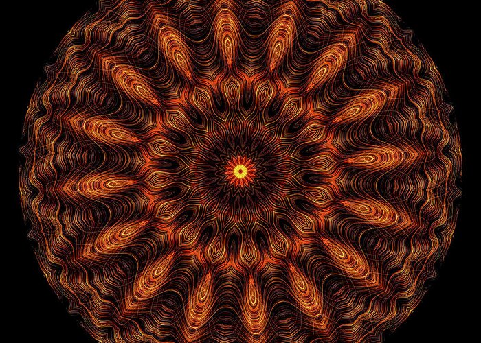 3 Dimensional Greeting Card featuring the digital art Intricate 13 orange, red and yellow mandala kaleidoscope by Amy Cicconi