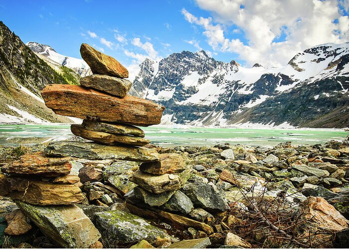 Mountains Greeting Card featuring the photograph Inukshuk on the shore, Icy Lake, Canada by Shawna and Damien Richard