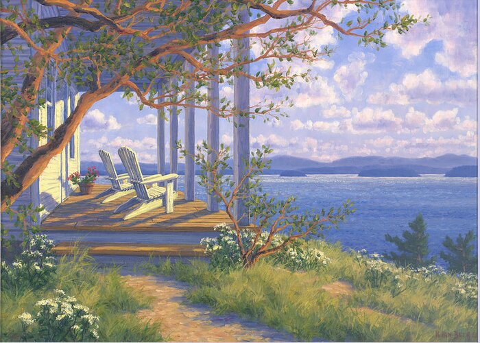 Front Porch Overlooking Water And Islands Greeting Card featuring the mixed media Island Retreat by Randy Van Beek