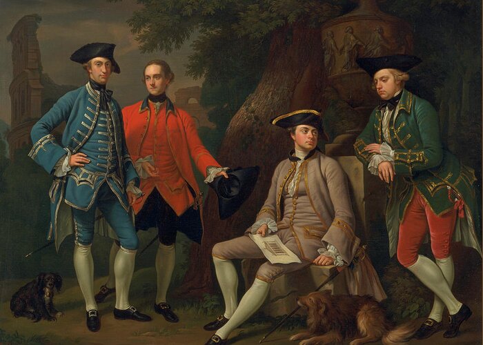 18th Century Art Greeting Card featuring the painting James Grant of Grant, John Mytton, the Hon. Thomas Robinson, and Thomas Wynne by Nathaniel Dance-Holland