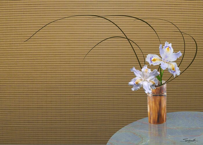 Iris Greeting Card featuring the digital art Japonica Iris in Bamboo Vase by M Spadecaller