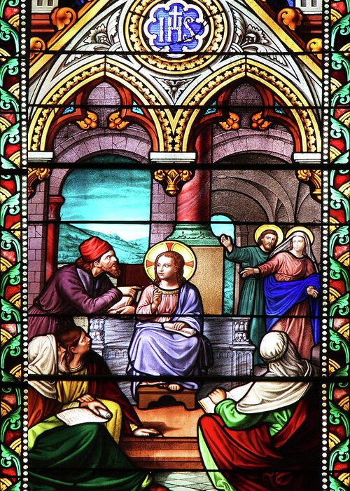Stained Glass Greeting Card featuring the photograph Jesus Teaches at the Temple by Munir Alawi
