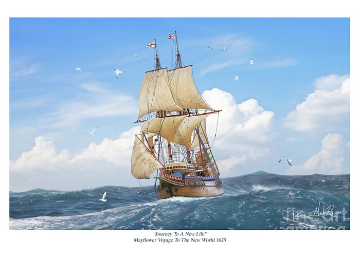 Mayflower Thanksgiving Greeting Card featuring the digital art Journey To A New Life by Mark Karvon