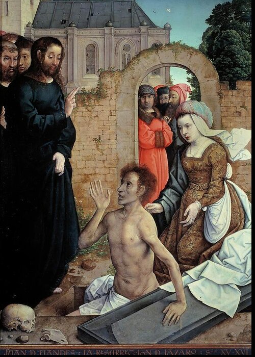 Juan De Flandes Greeting Card featuring the painting Juan de Flandes / 'The Resurrection of Lazarus', 1514-1519, Spanish-Flemish School, Oil on panel. by Juan de Flandes -c 1460-c 1519-