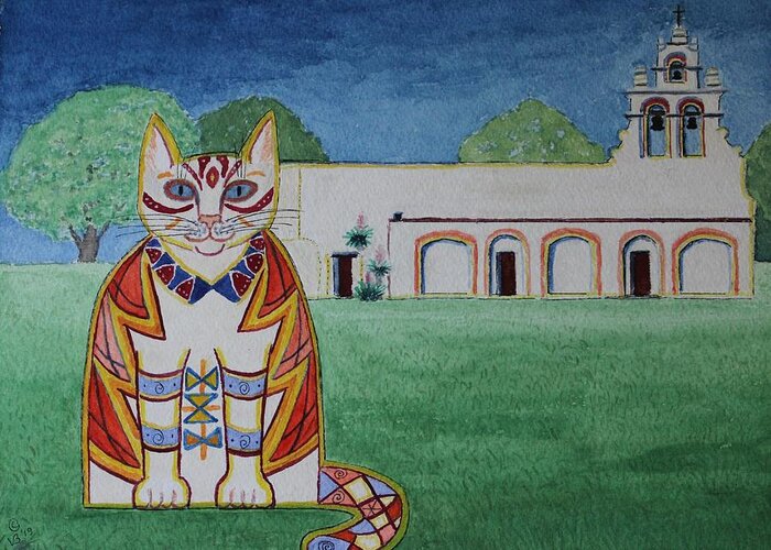 Storm Greeting Card featuring the painting Juanita, Mission San Juan Cat by Vera Smith