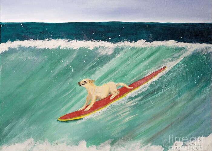 Lab Surfing Greeting Card featuring the painting K9 Up by Elizabeth Mauldin
