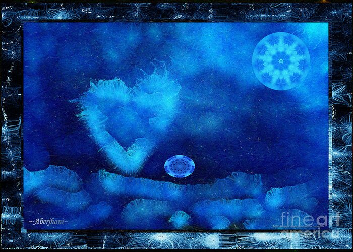 Moon Greeting Card featuring the digital art Kaleidoscope Moon for Children Gone Too Soon Number 4 - Cerulean Valentine by Aberjhani